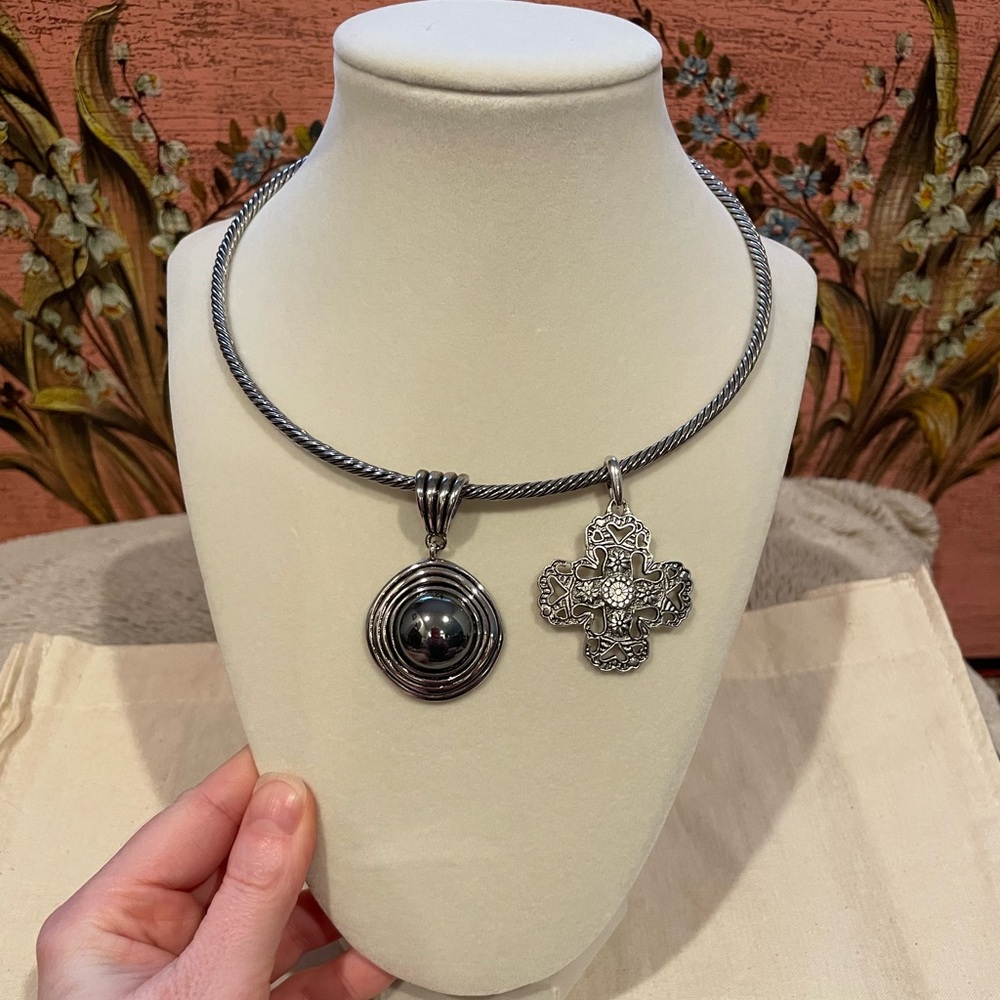 Premier Designs Silver Cross Pendant and Black Hematite Pendant Necklace